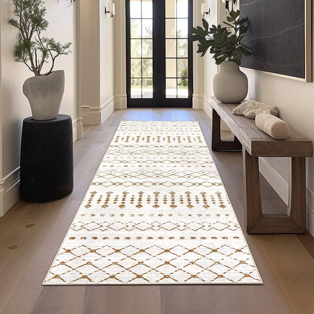 LaMoussawi ® Stijlvolle Bohemien Loper voor Diverse Ruimtes, Wasbaar en Antislip, 80 x 200 cm, Beige/Wit